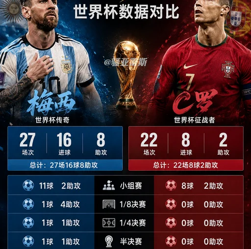 梅西与C罗世界杯数据对比