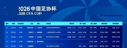足协杯第四轮第2比赛日裁判选派:杜健鑫执法广西恒宸对阵山东泰山